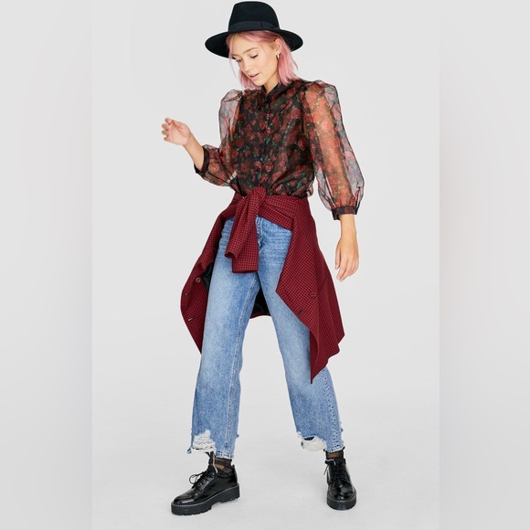 ♥️ Blashe Sheer Dramatic Floral Puff Sleeve Blouse - Picture 3 of 10